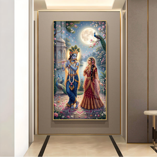 Sri Radha Krishna Glass Finish Vertical Wall Art