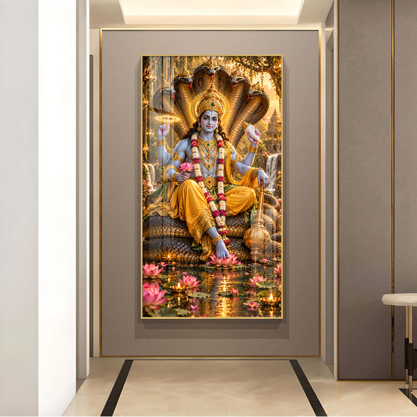 Shri Vishnu With Sheshnag Glass Finish Vertical Wall Art