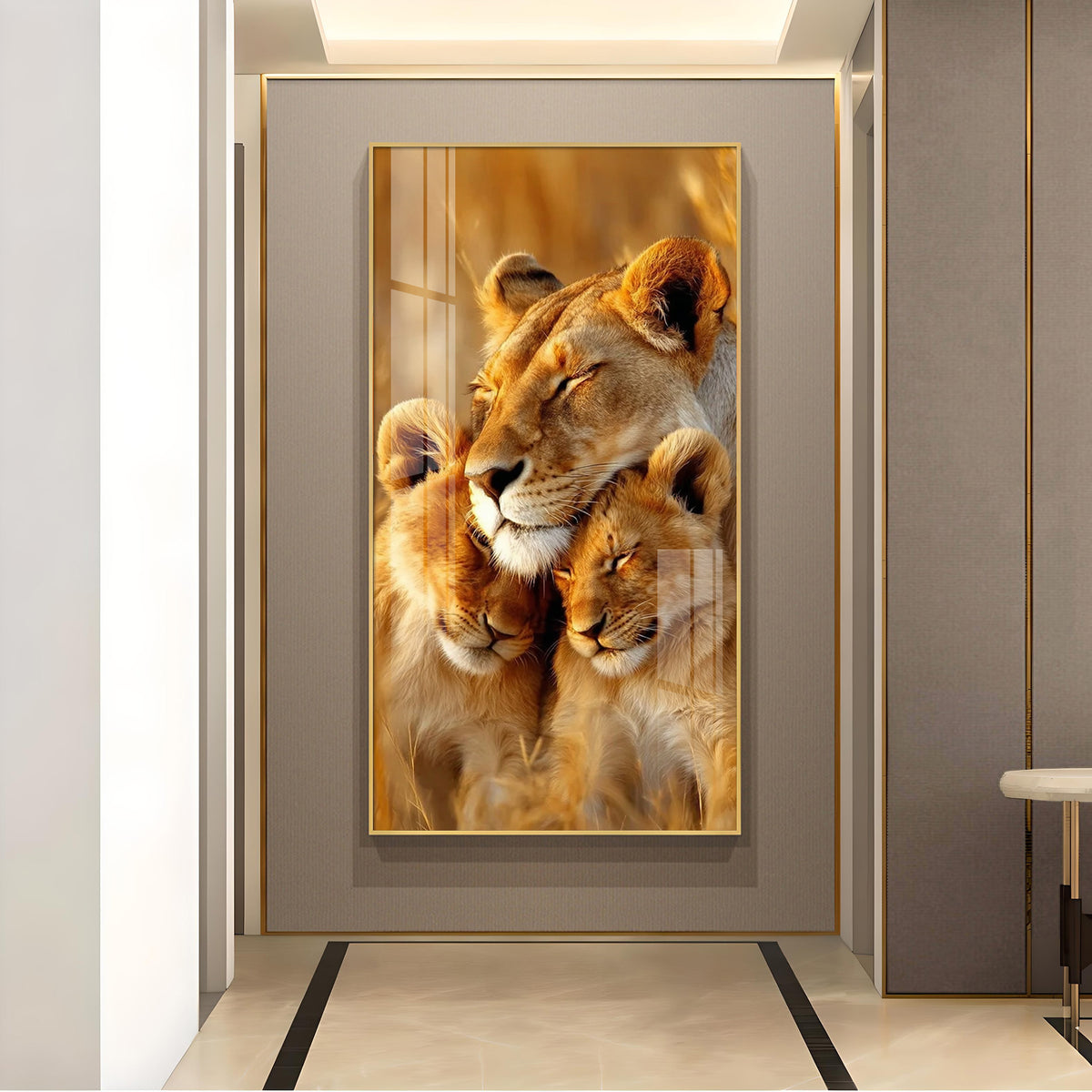 Lioness Cub Cuddling Glass Finish Vertical Wall Art