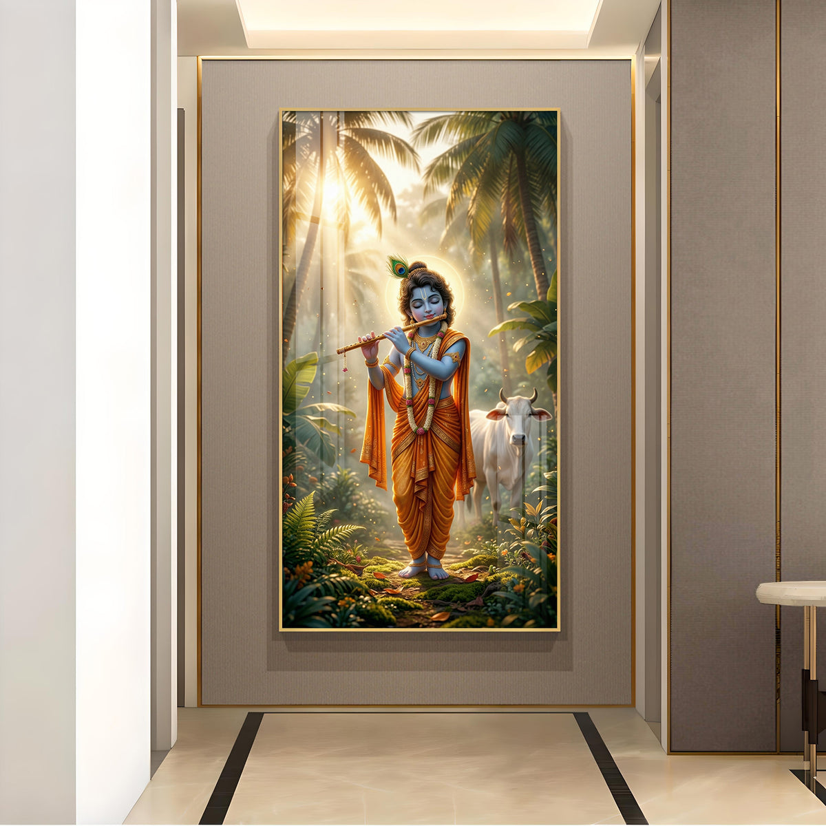 Lord Krishna Ji Playing Flute Glass Finish Vertical Wall Art