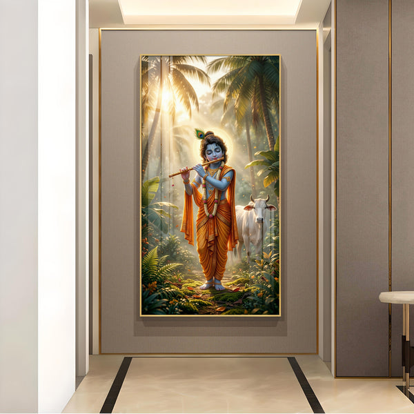 Lord Krishna Ji Playing Flute Glass Finish Vertical Wall Art