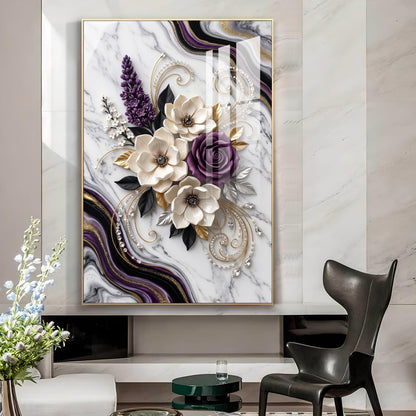 Beautiful Purple & White Flowers Glass Finish Vertical Wall Art
