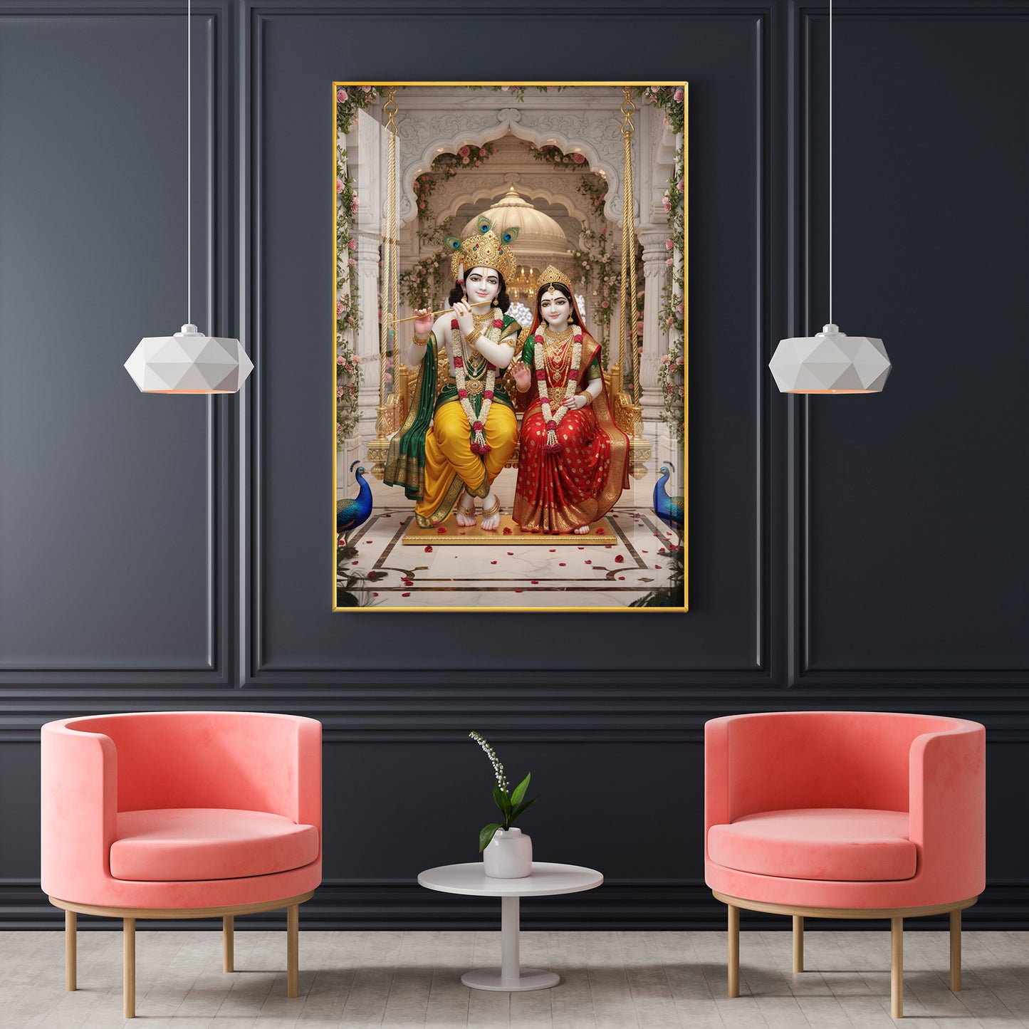 Hindu Deities Radha & Krishna Sitting Together Glass Finish Vertical Wall Art
