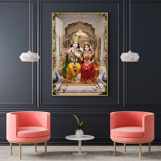 Hindu Deities Radha & Krishna Sitting Together Glass Finish Vertical Wall Art