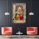 Hindu Deities Radha & Krishna Sitting Together Glass Finish Vertical Wall Art