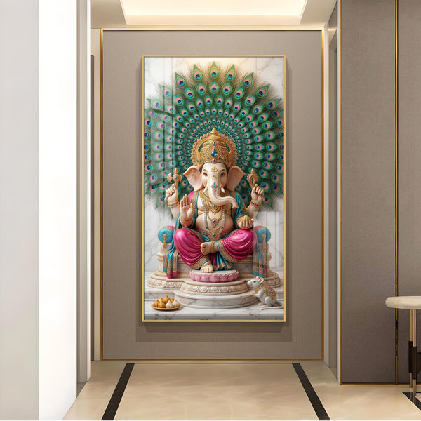 Lord Ganesha Glass Finish Vertical Wall Art