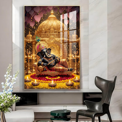 Lord Ganesha Holding A Flute Glass Finish Vertical Wall Art