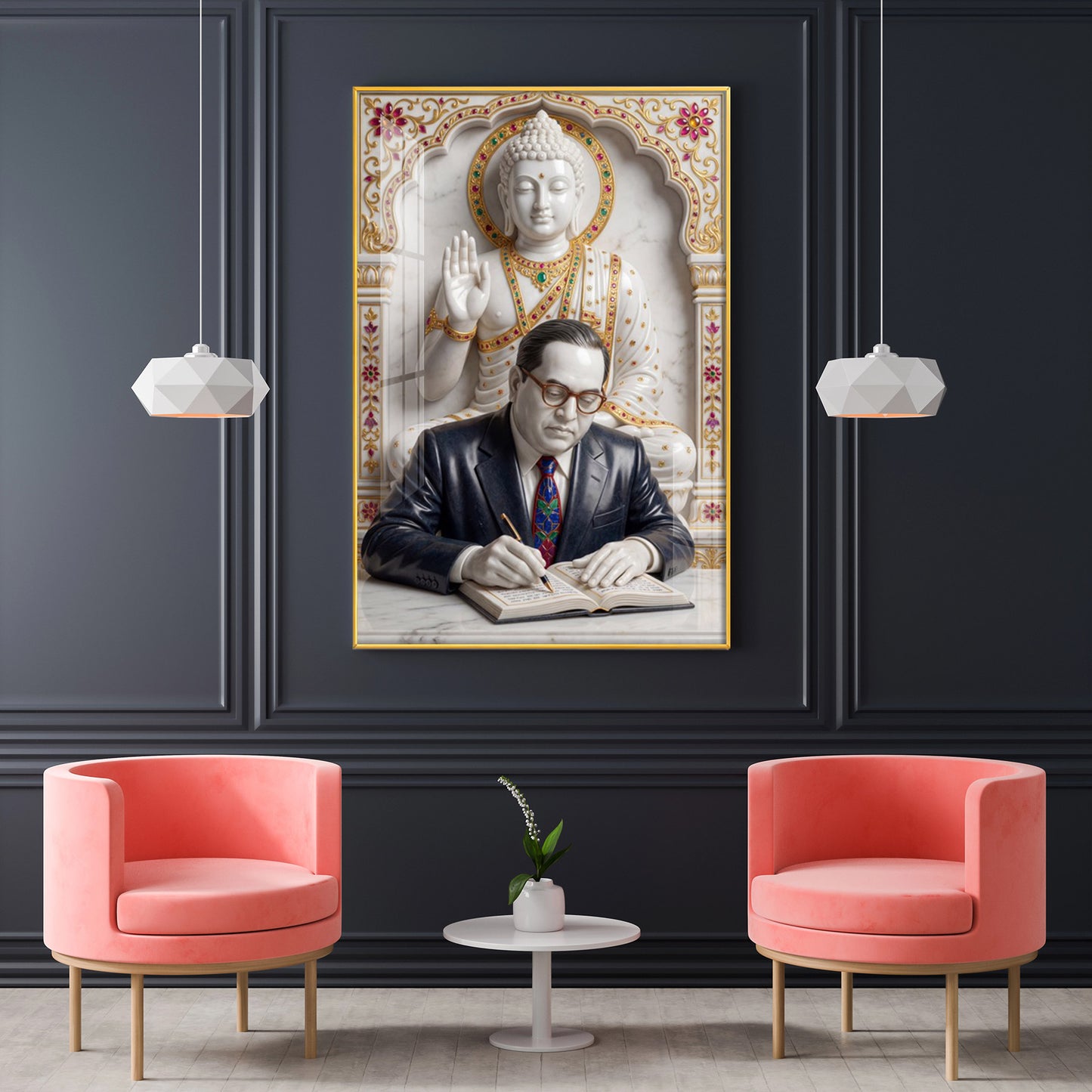 Dr. B.R. Ambedkar and Buddha Glass Finish Vertical Wall Art