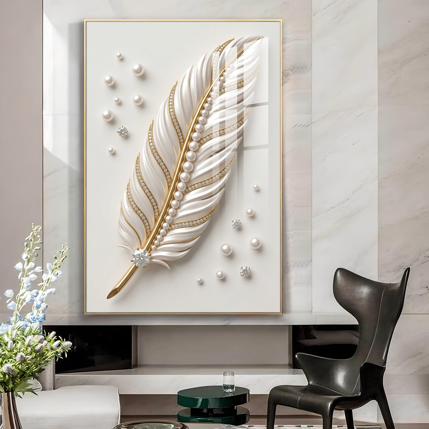White & Gold Finish Feather Glass Finish Vertical Wall Art