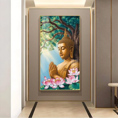 Religious Buddha Glass Finish Vertical Wall Art