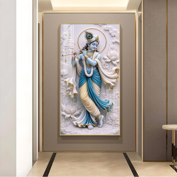 Spiritual Krishna Glass Finish Vertical Wall Art