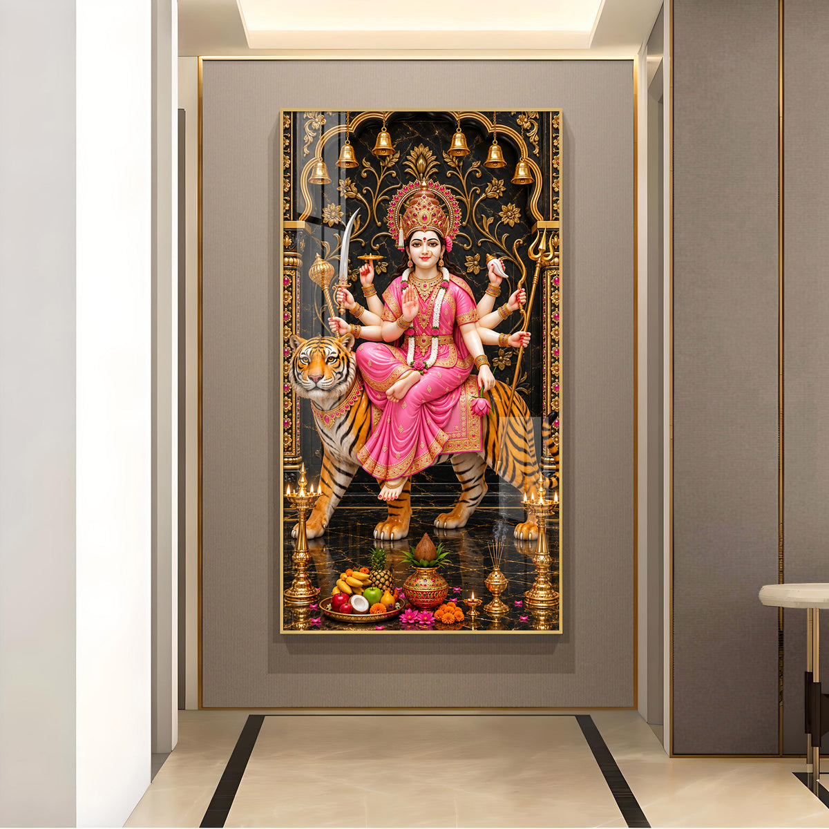 Maa Durga In Pink Saree Glass Finish Vertical Wall Art
