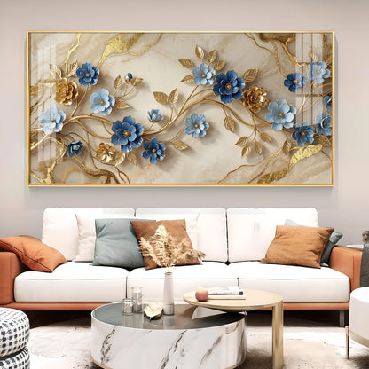 Elegant Blue Flower Glass Finish Horizontal Wall Art