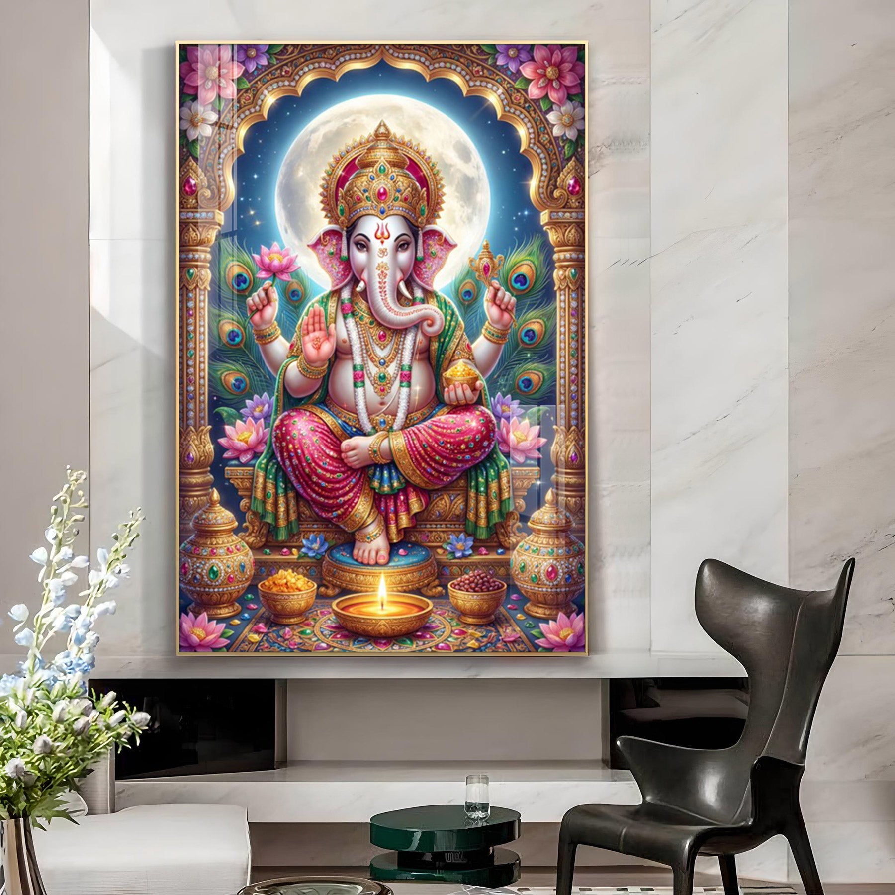 Shree Ganesha Glass Finish Vertical Wall Art