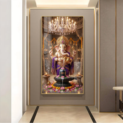 Lord Ganesh With Lord Shiv Glass Finish Vertical Wall Art