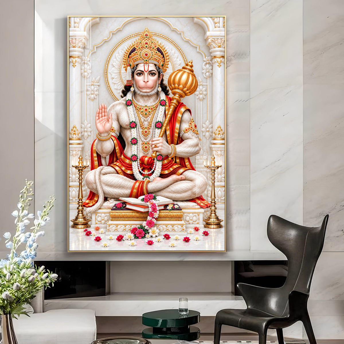 Divine Lord Hanuman With Gada Glass Finish Vertical Wall Art