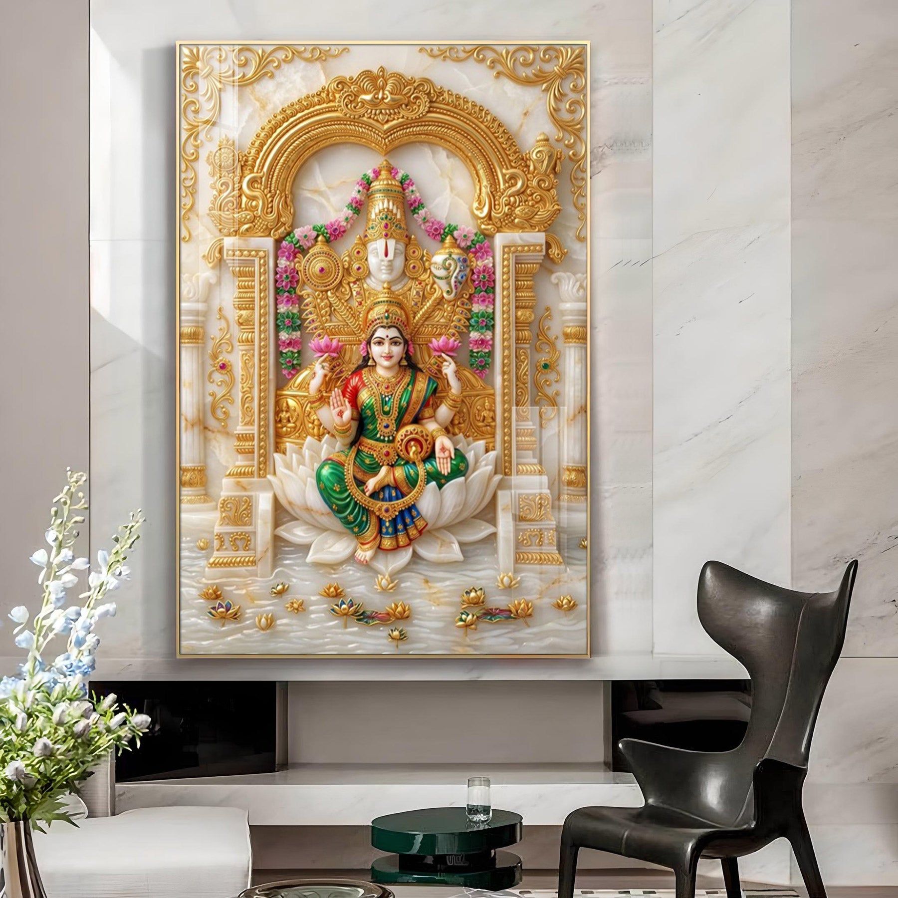 Lord Vishnu With Devi Lakshmi Glass Finish Vertical Wall Art