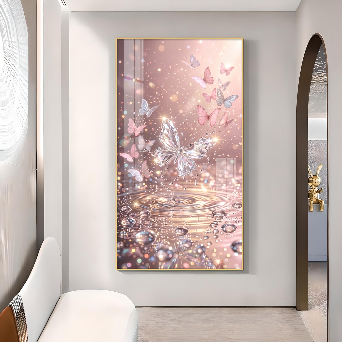 Sparkling Pink Butterfly Glass Finish Vertical Wall Art