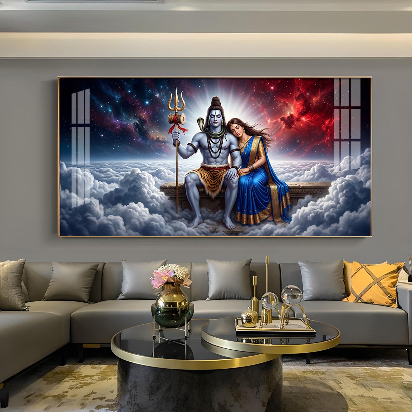 Depicts Lord Shiva & Goddess Parvati Glass Finish Horizontal Wall Art