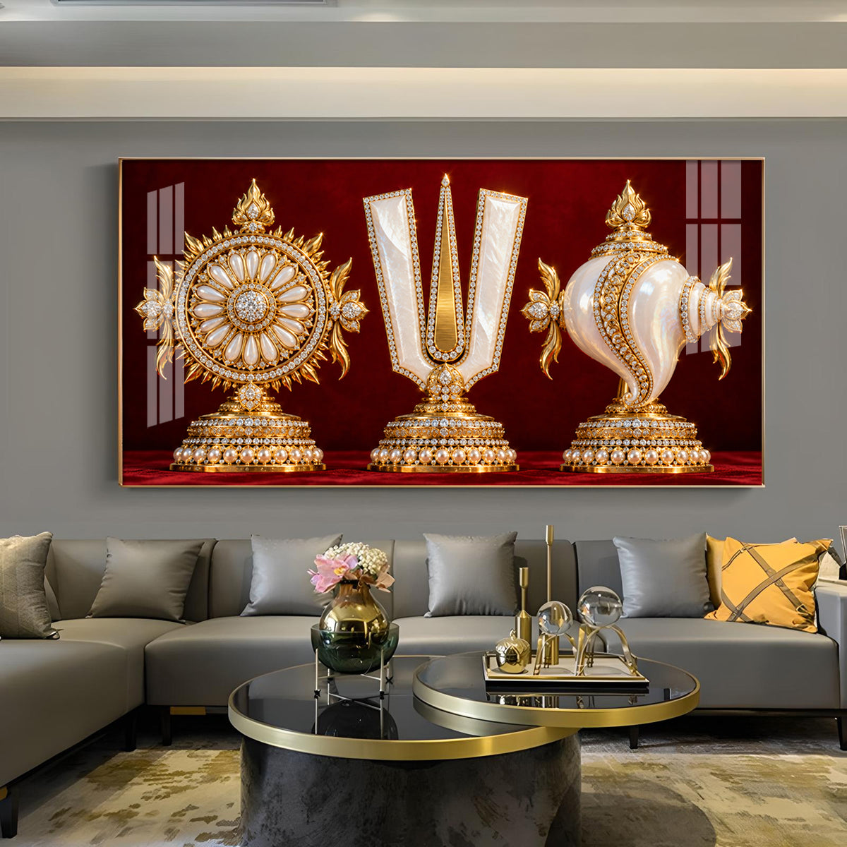 Tirupati Balaji Symbols Chakra & Shankh Glass Finish Horizontal Wall Art
