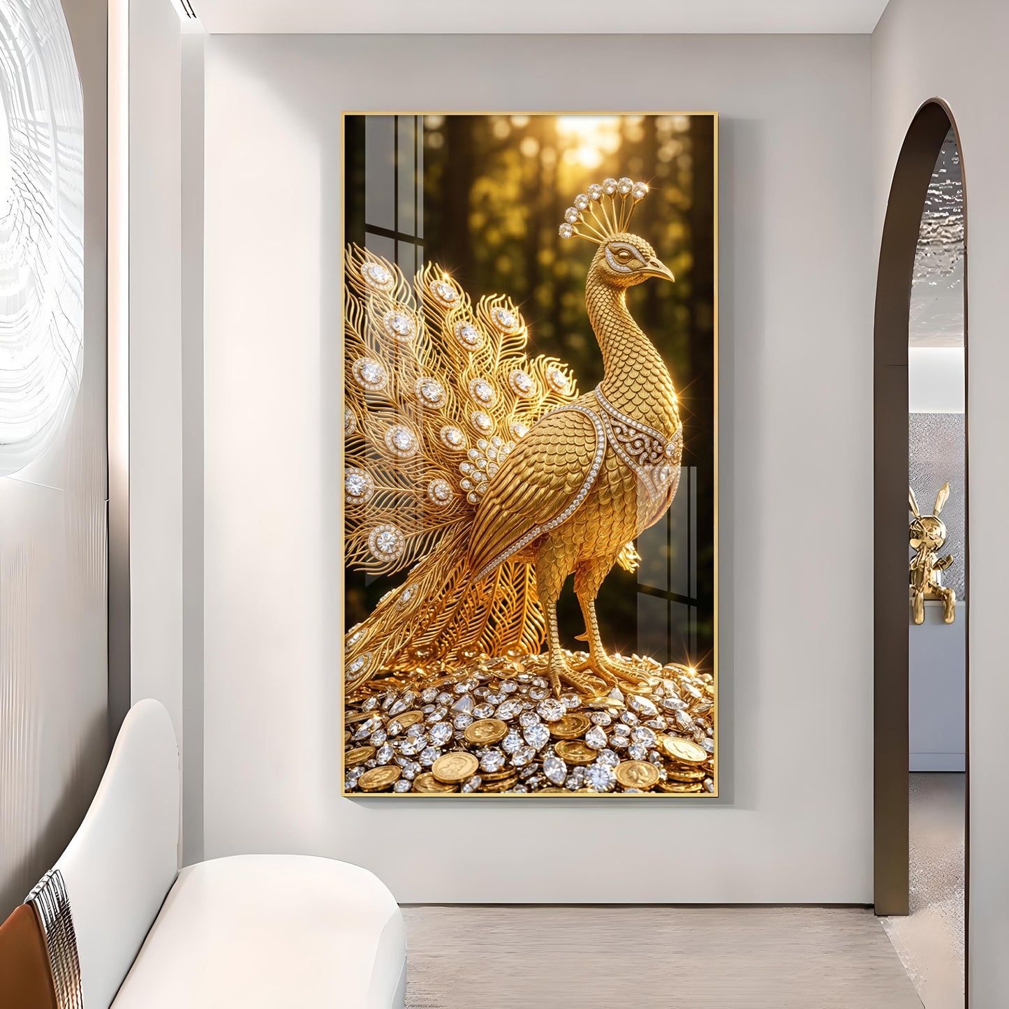Golden Peacock Glass Finish Vertical Wall Art
