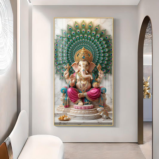 Lord Ganesha Glass Finish Vertical Wall Art