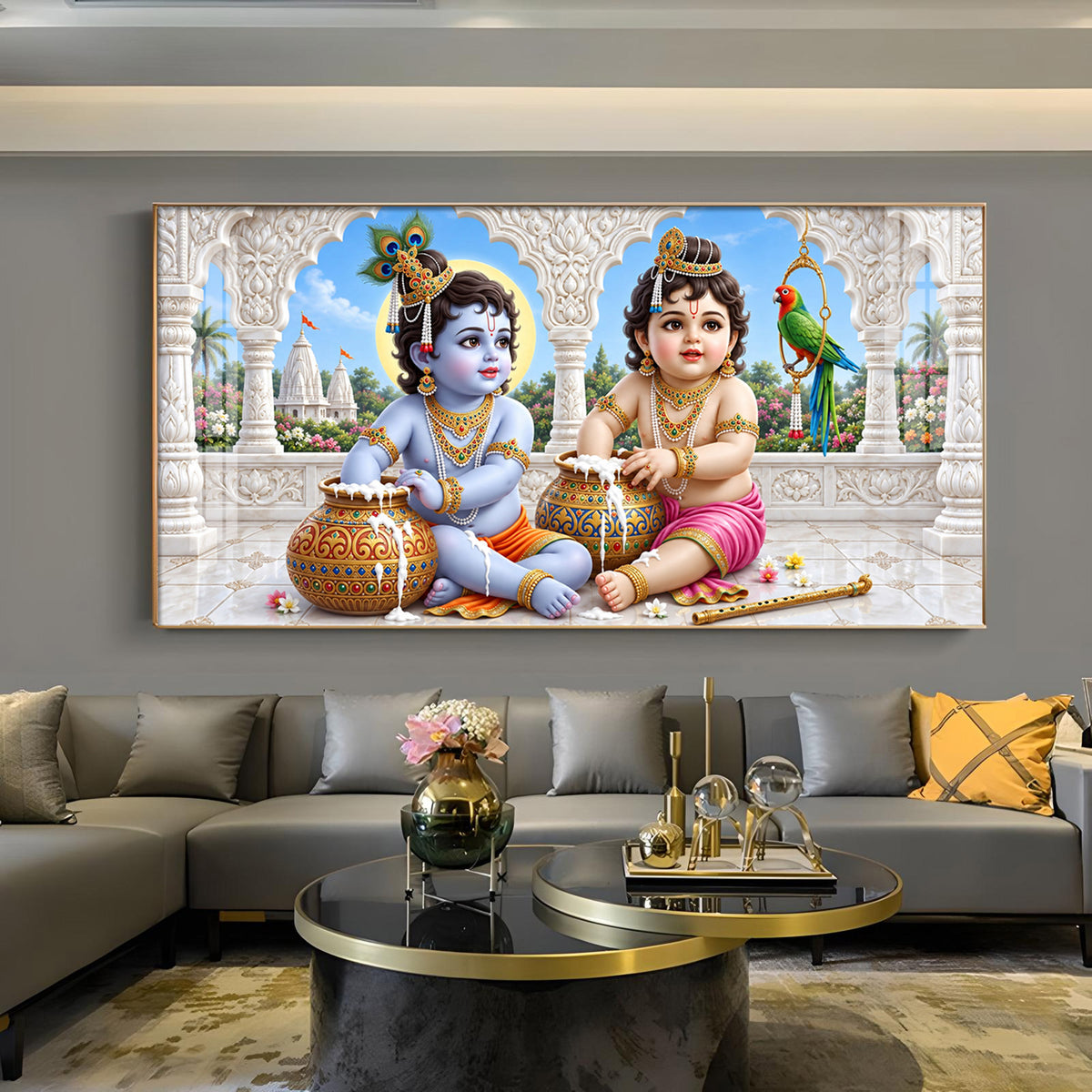 Little Krishna Balaram Eating Makhan Glass Finish Horizontal Wall Art