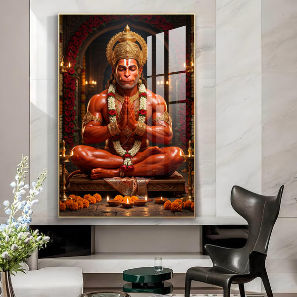 Lord Hanuman Glass Finish Vertical Wall Art
