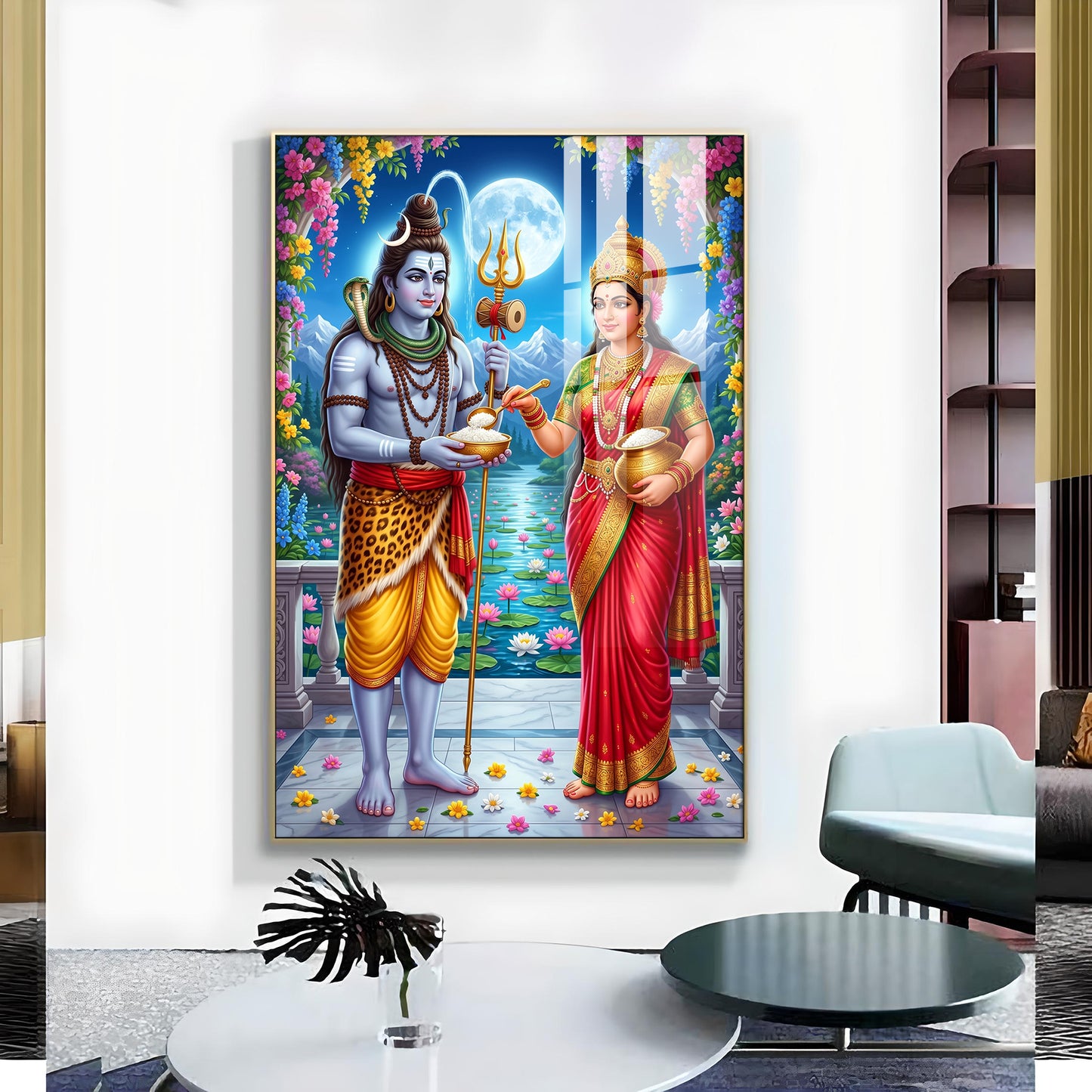 Annapurna Devi Offering Food To Lord Shiva Glass Finish Vertical Wall Art