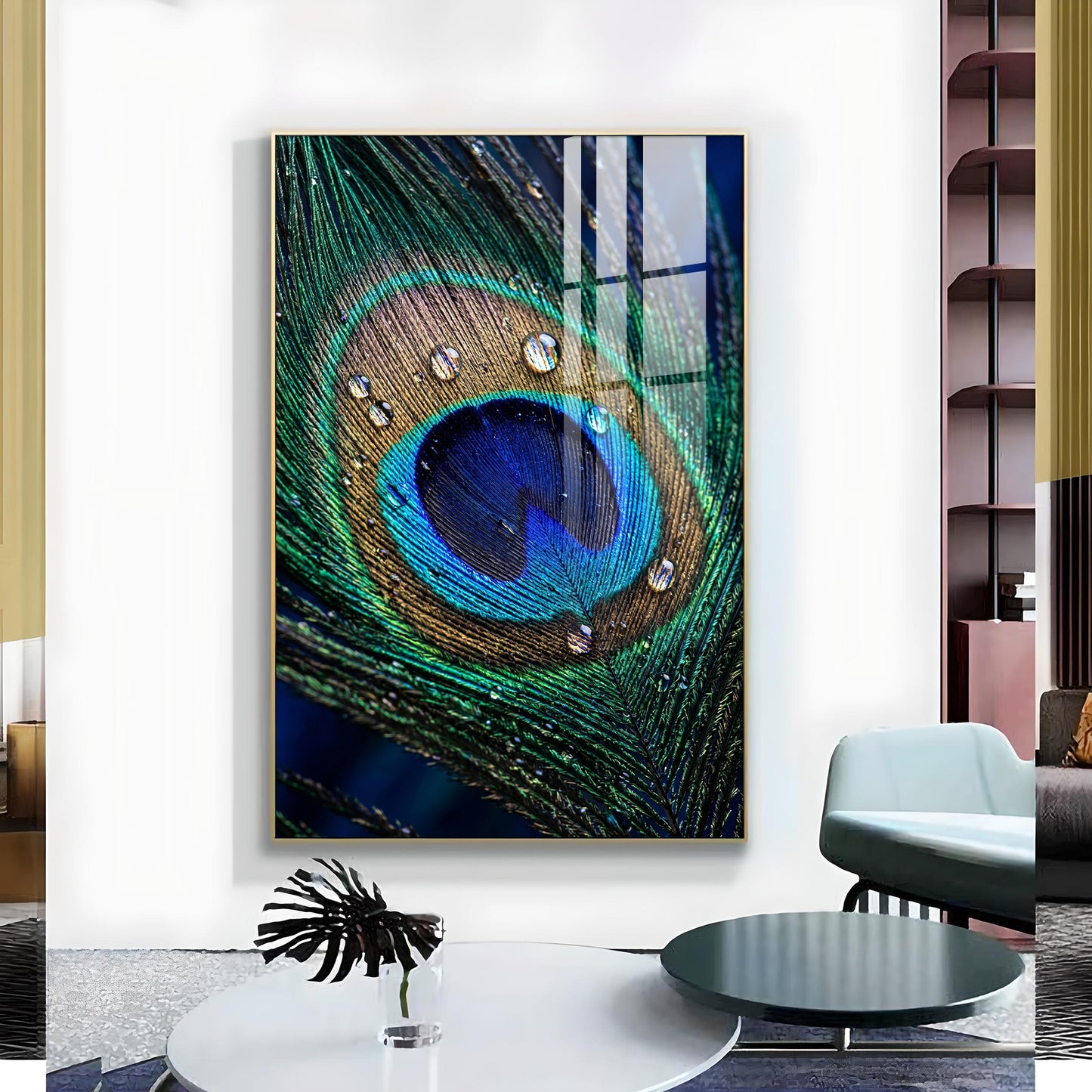 Peacock Feather With Water Drops Glass Finish Vertical Wall Art
