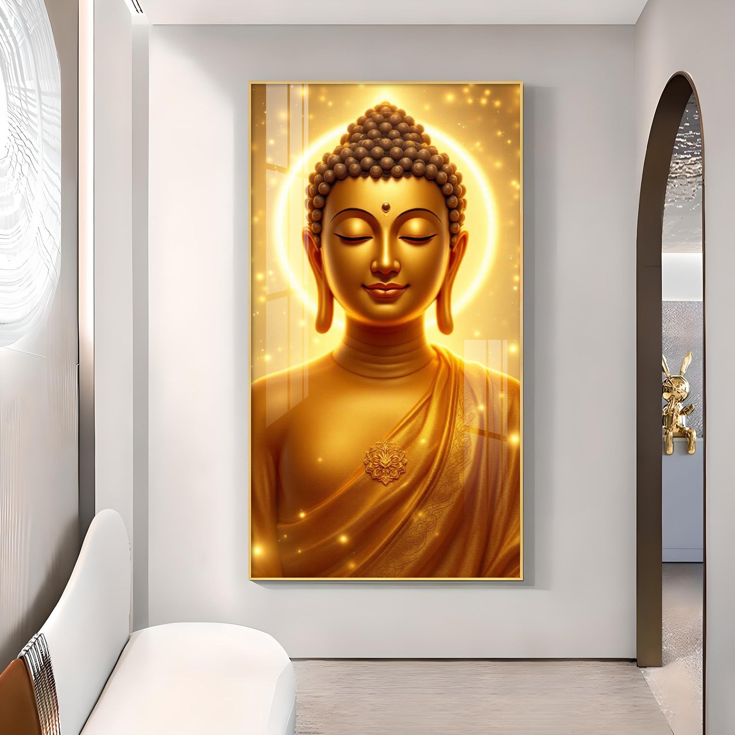 Golden Meditating Buddha Glass Finish Vertical Wall Art
