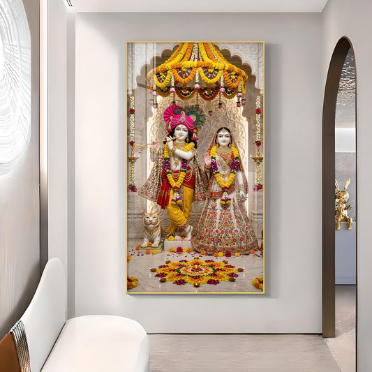 Divine Radha and Krishna Glass Finish Vertical Wall Art