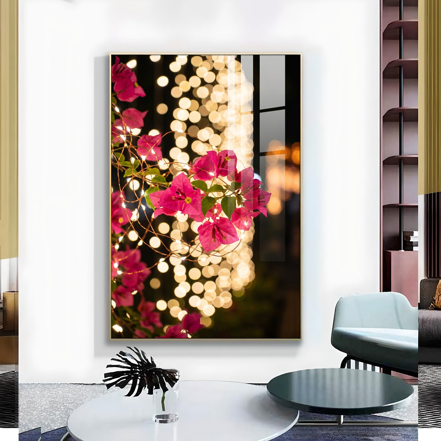 Pink Bougainvillea Flowers Glass Finish Vertical Wall Art