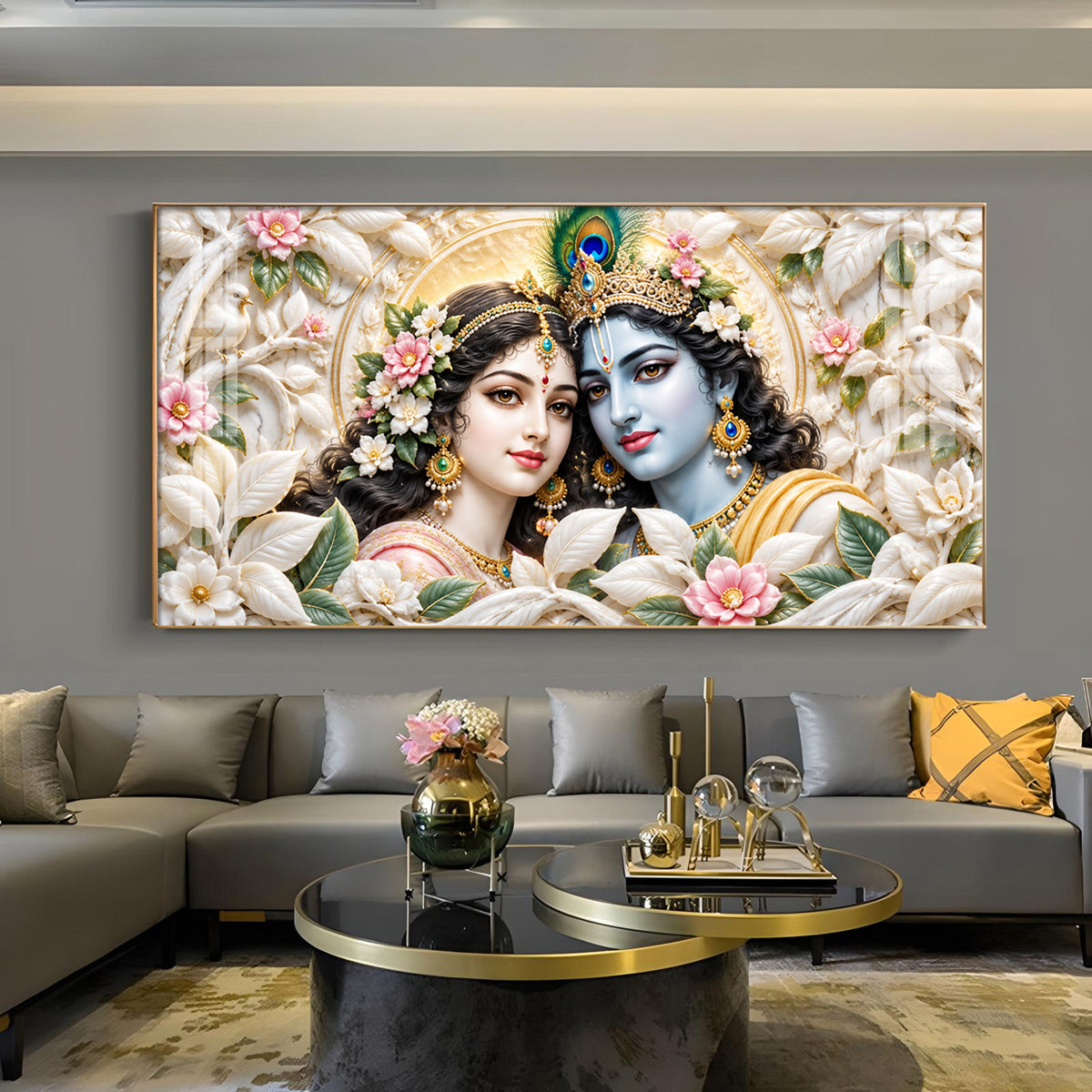 Radha Krishna Floral Glass Finish Horizontal Wall Art