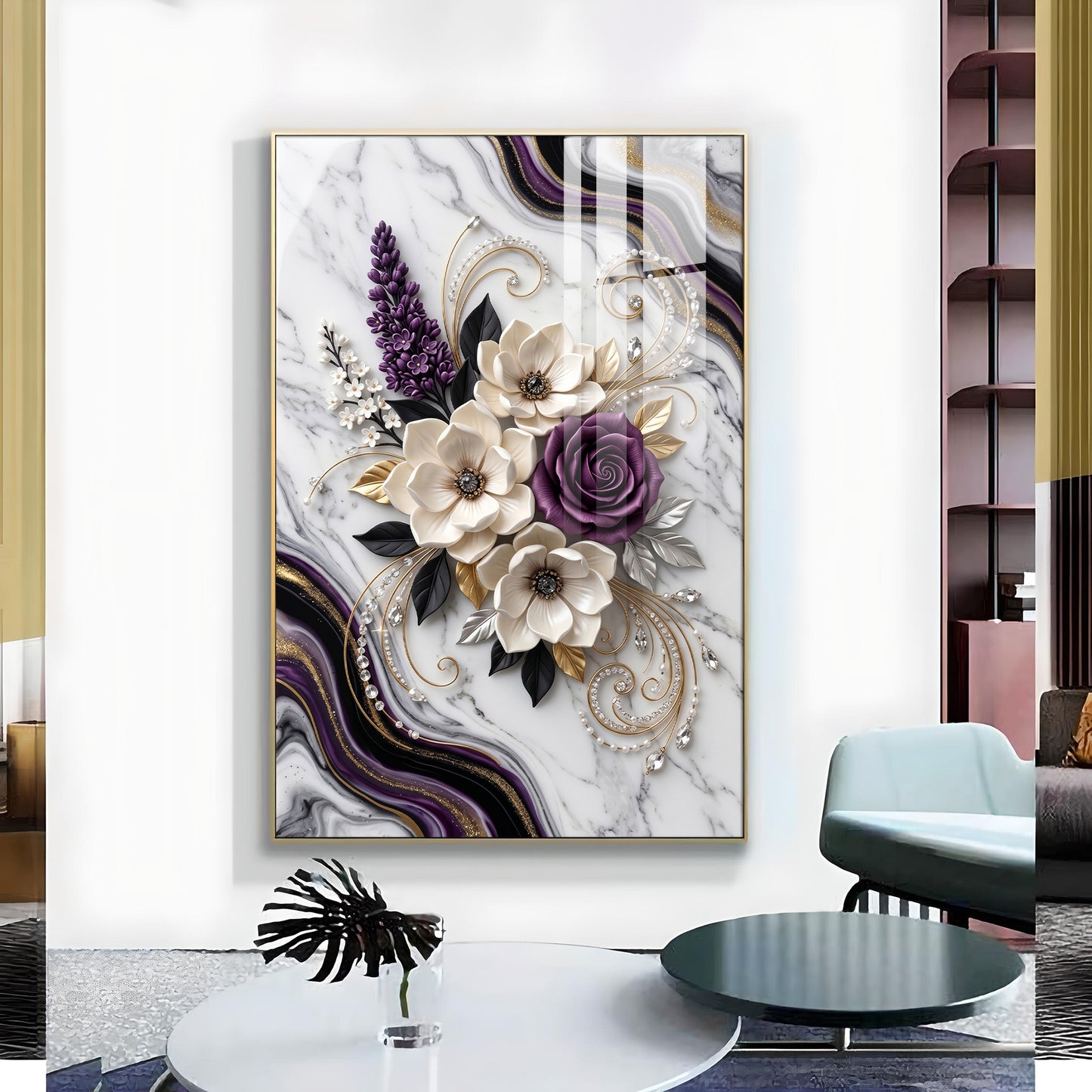 Beautiful Purple & White Flowers Glass Finish Vertical Wall Art