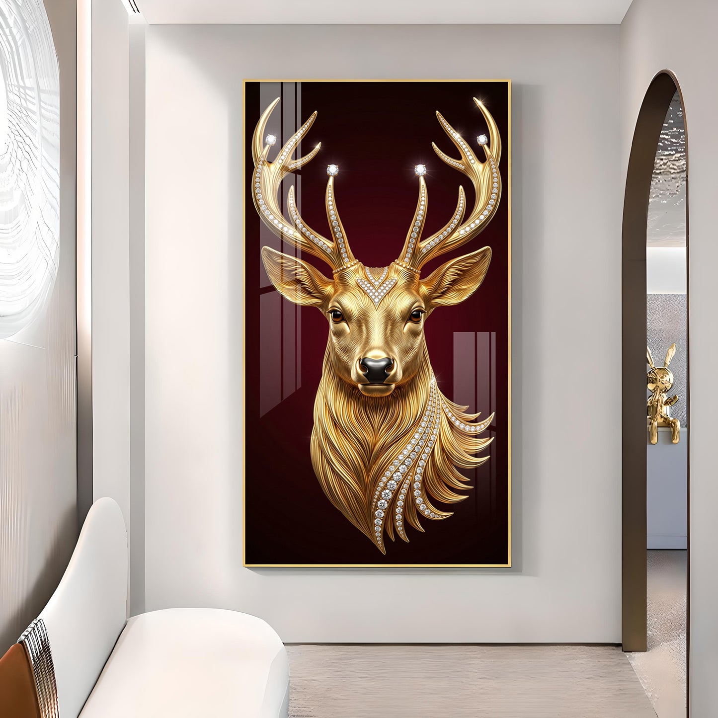 Golden Deer Head Glass Finish Vertical Wall Art