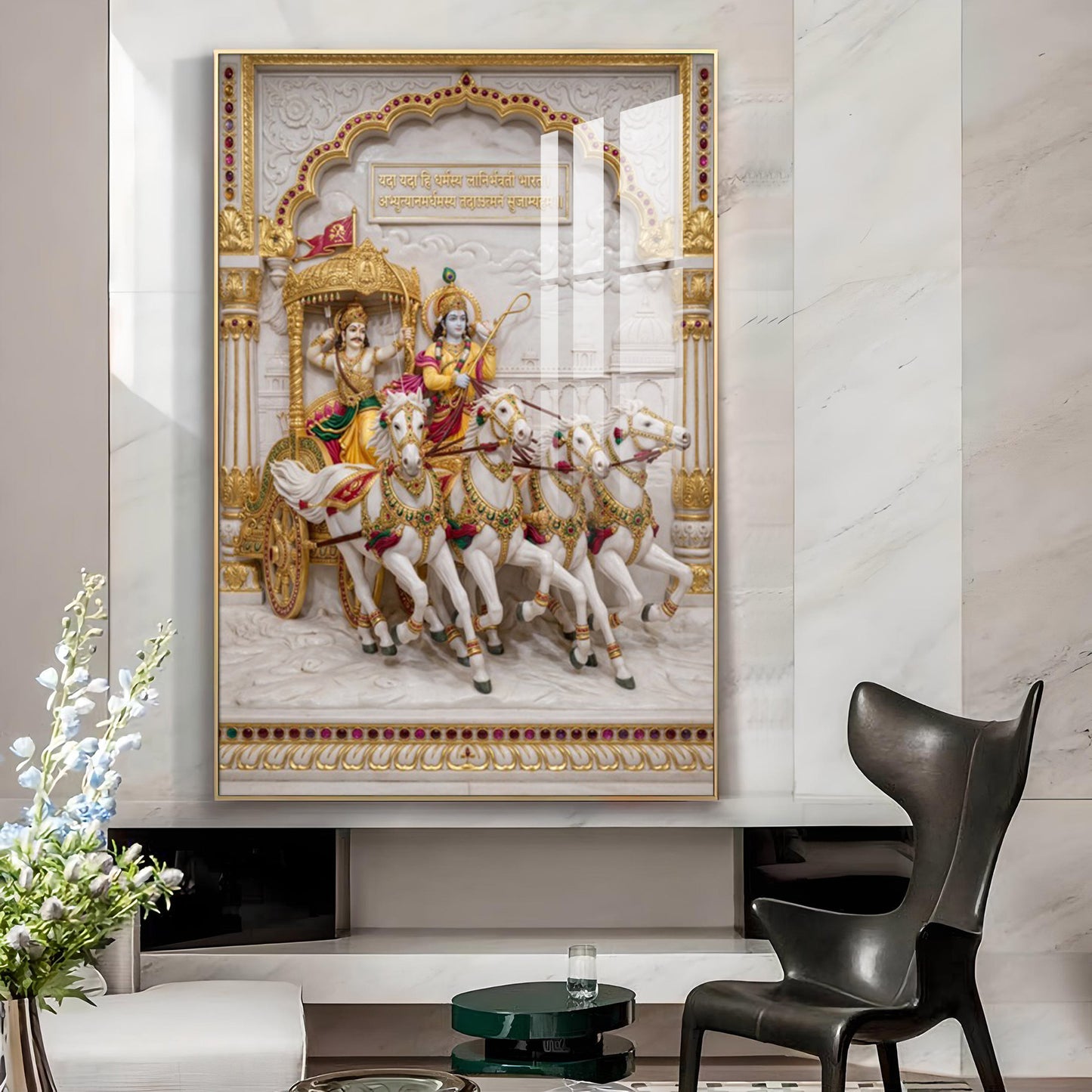 Krishna & Arjuna Chariot Glass Finish Vertical Wall Art