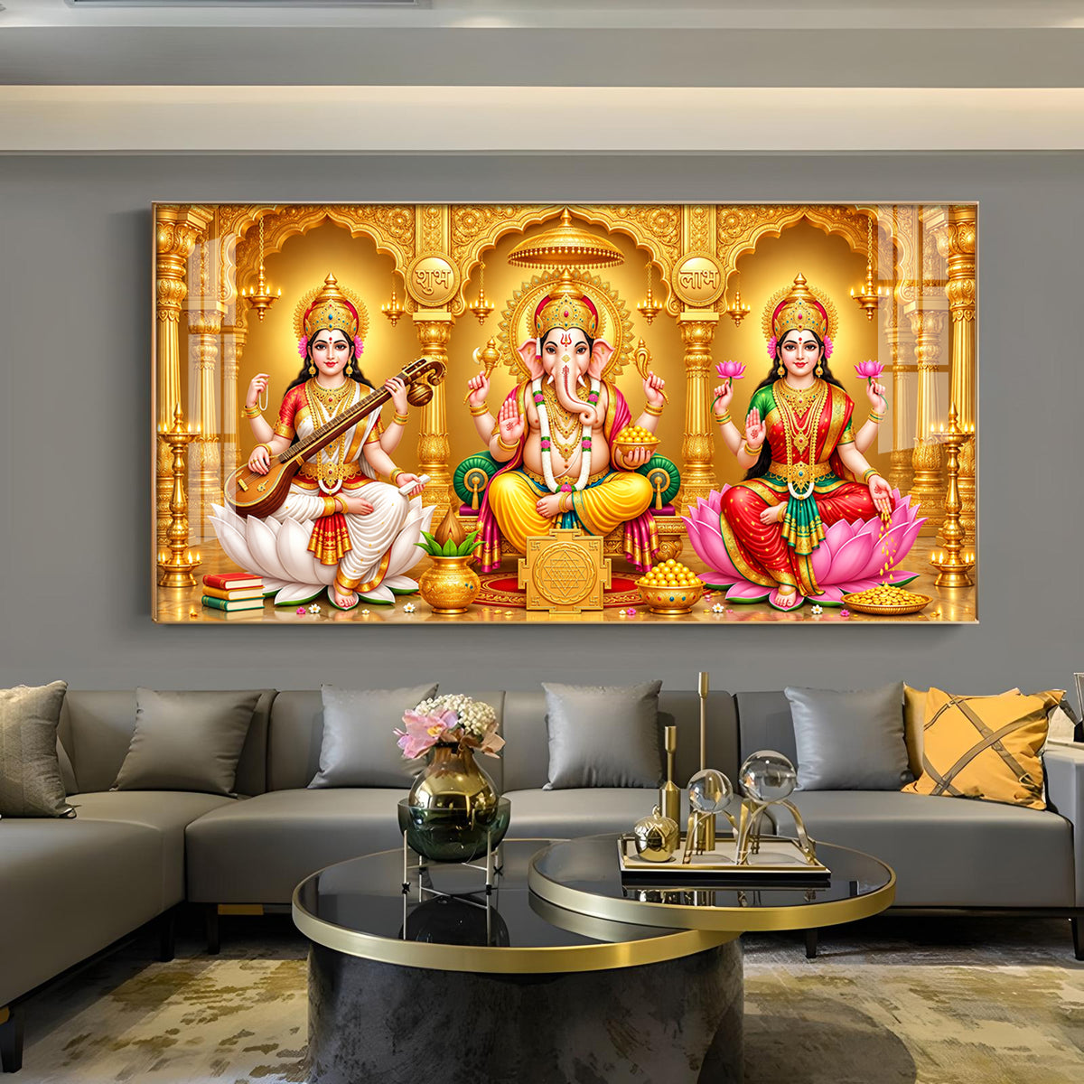 Ganesh Ji, Maa Laxmi & Maa Saraswati Glass Finish Horizontal Wall Art