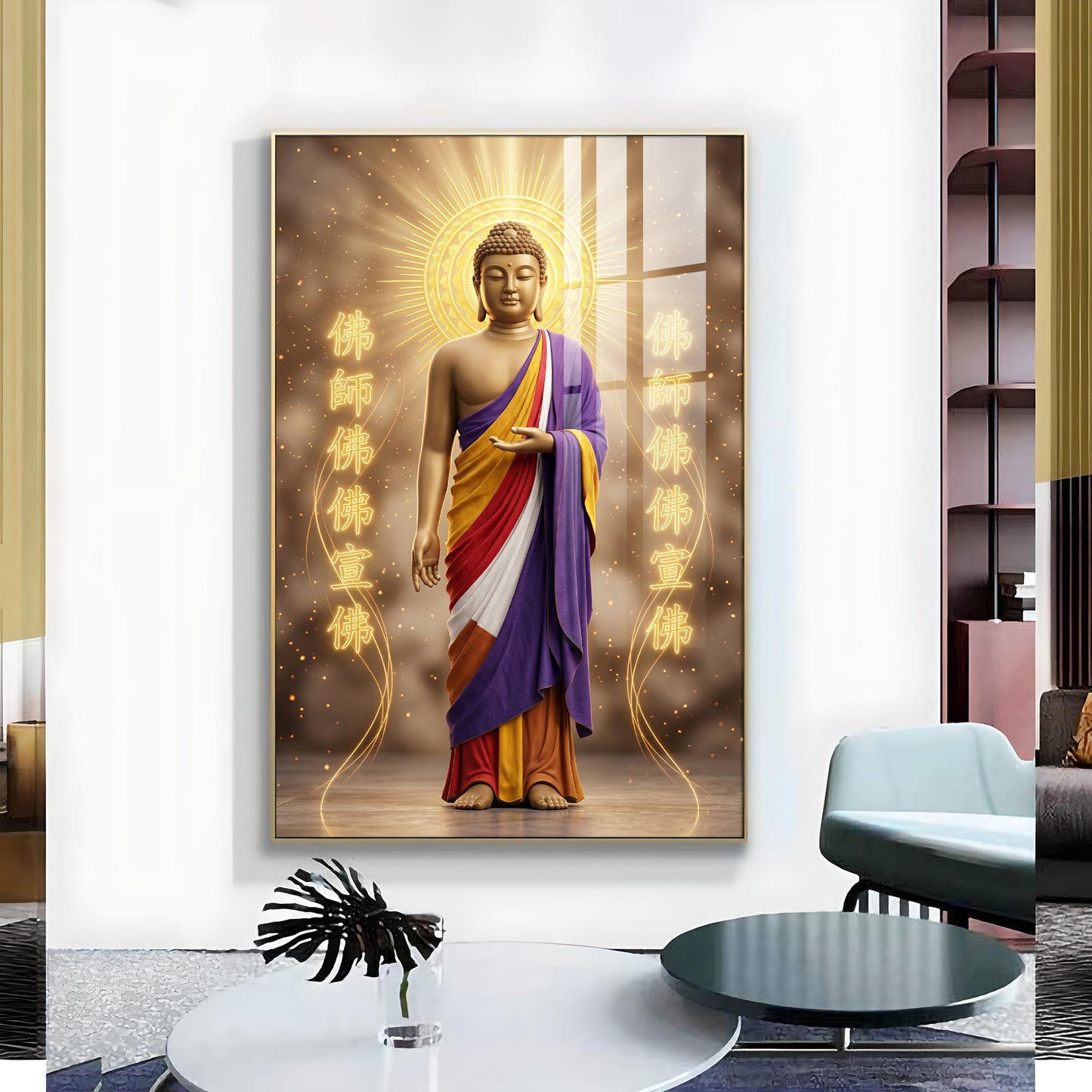 Depicting A Golden Buddha Glass Finish Vertical Wall Art