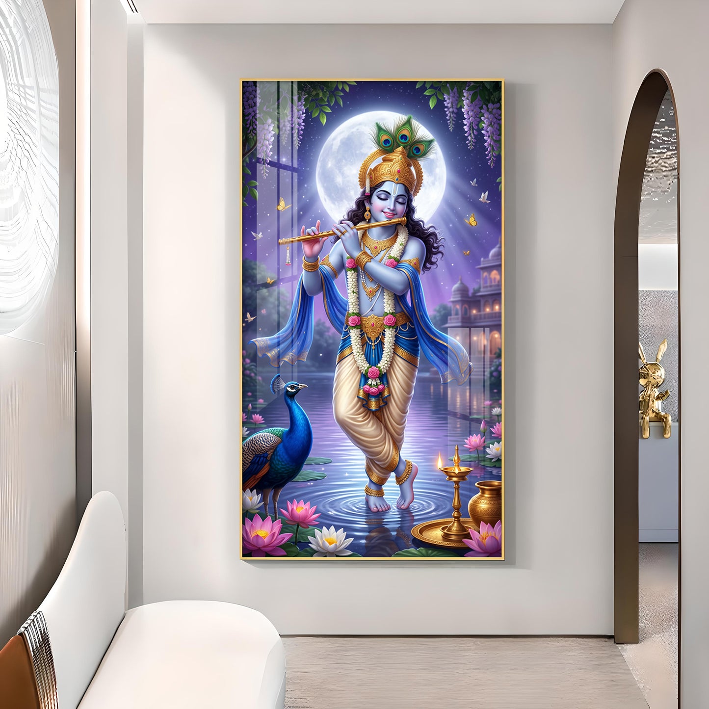 Depicting Lord Krishna Glass Finish Vertical Wall Art