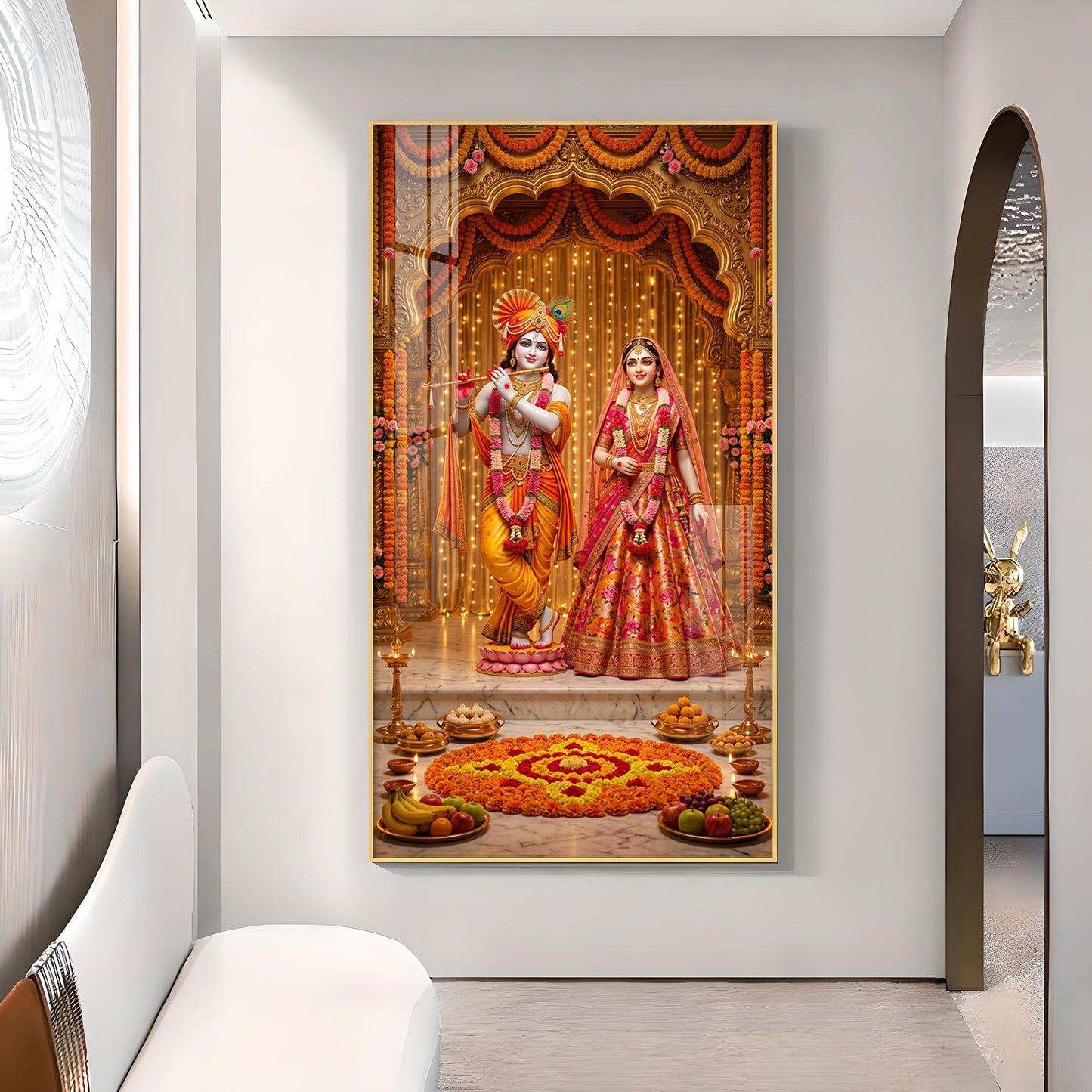 Decorative Radha Krishna Glass Finish Vertical Wall Art