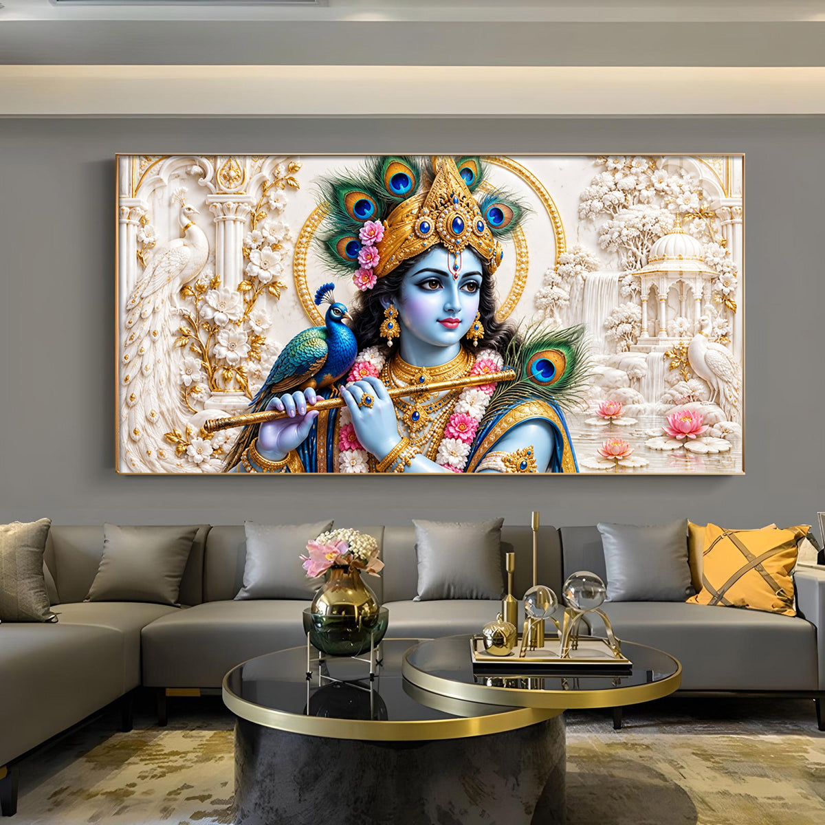 Lord Krishna With Peacock Glass Finish Horizontal Wall Art