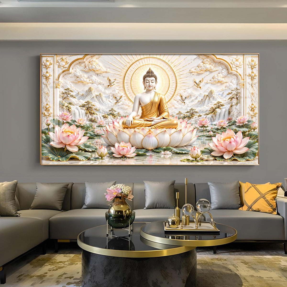 Lord Buddha In Lotus Pond Glass Finish Horizontal Wall Art