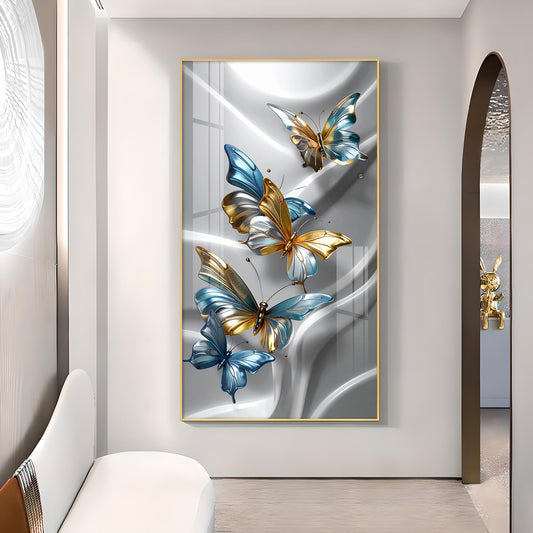 Golden Blue Flutter Glass Finish Vertical Wall Art
