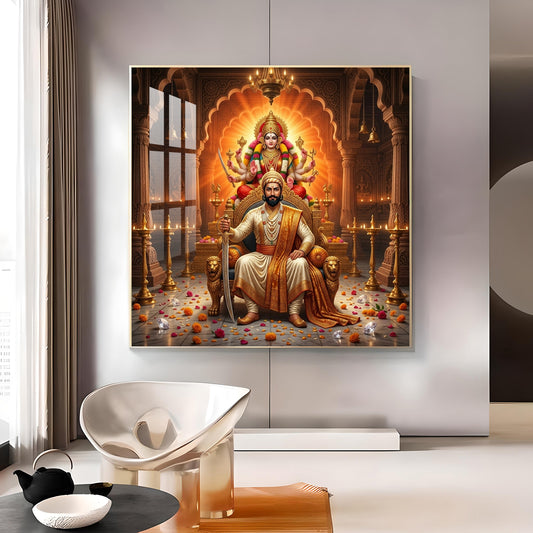 Shivaji Maharaj With Maa Durga Glass Finish Square Wall Art