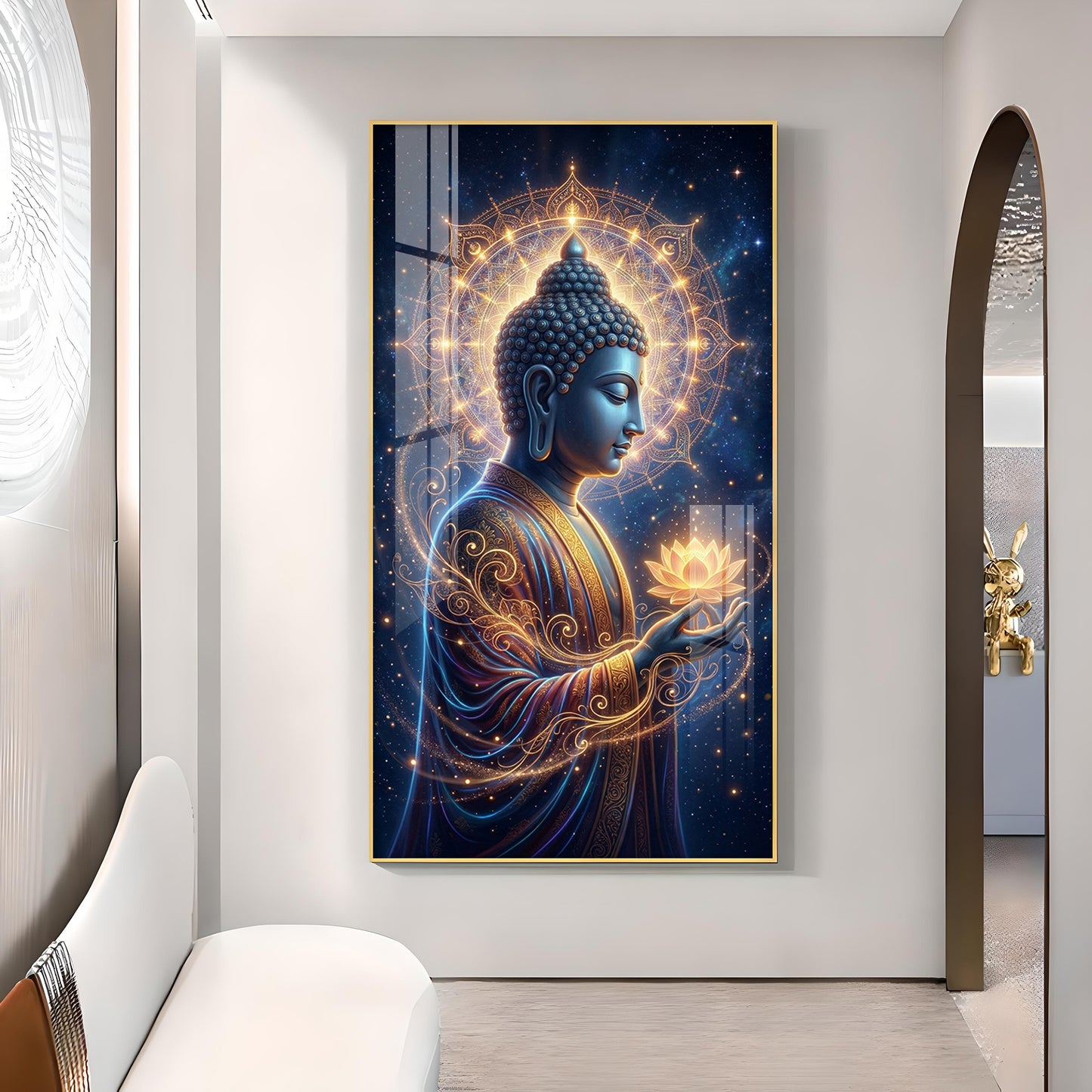 Gautam Buddha Glass Finish Vertical Wall Art