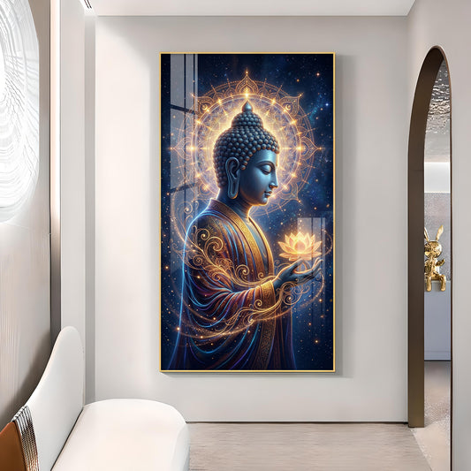 Gautam Buddha Glass Finish Vertical Wall Art