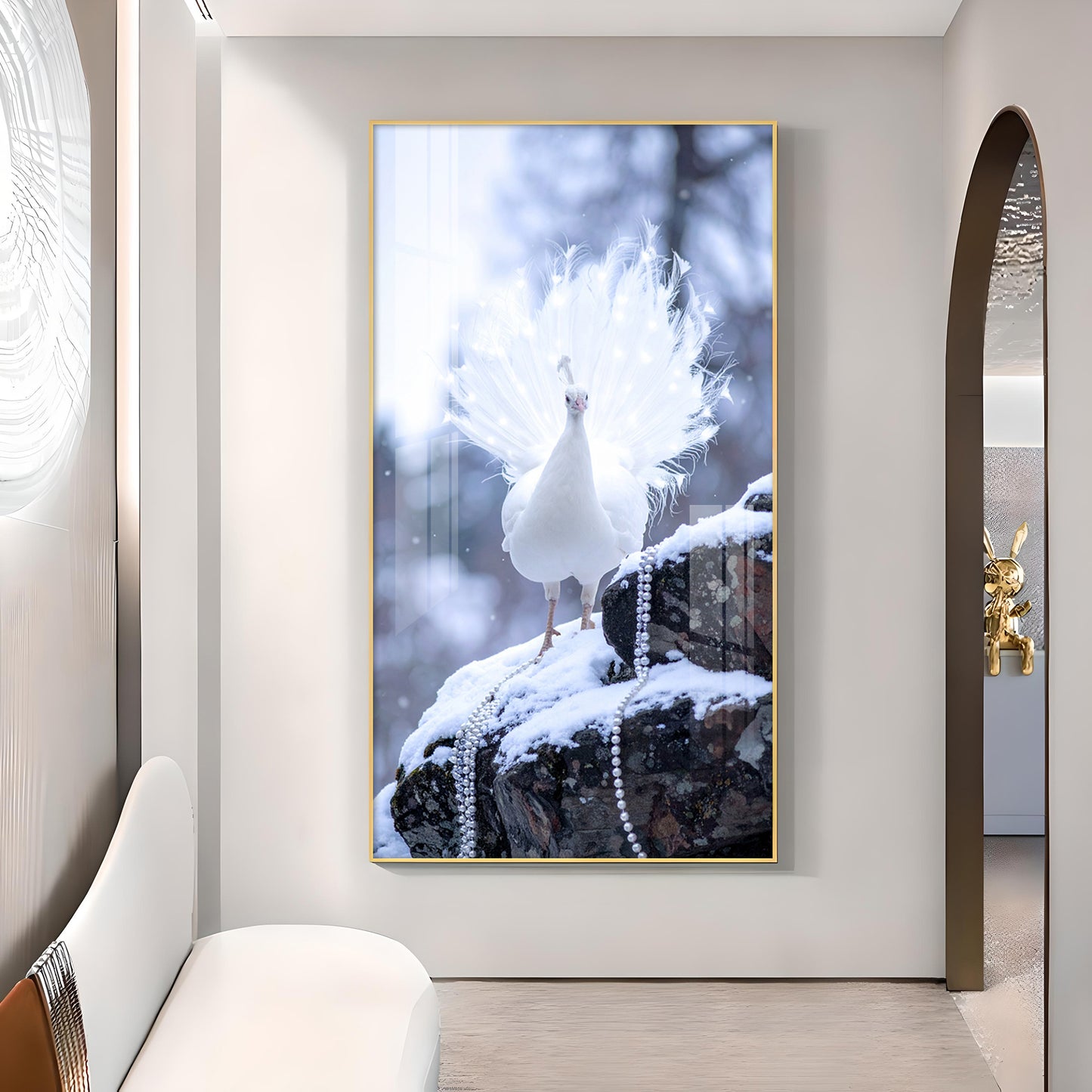 White Peacock Glass Finish Vertical Wall Art