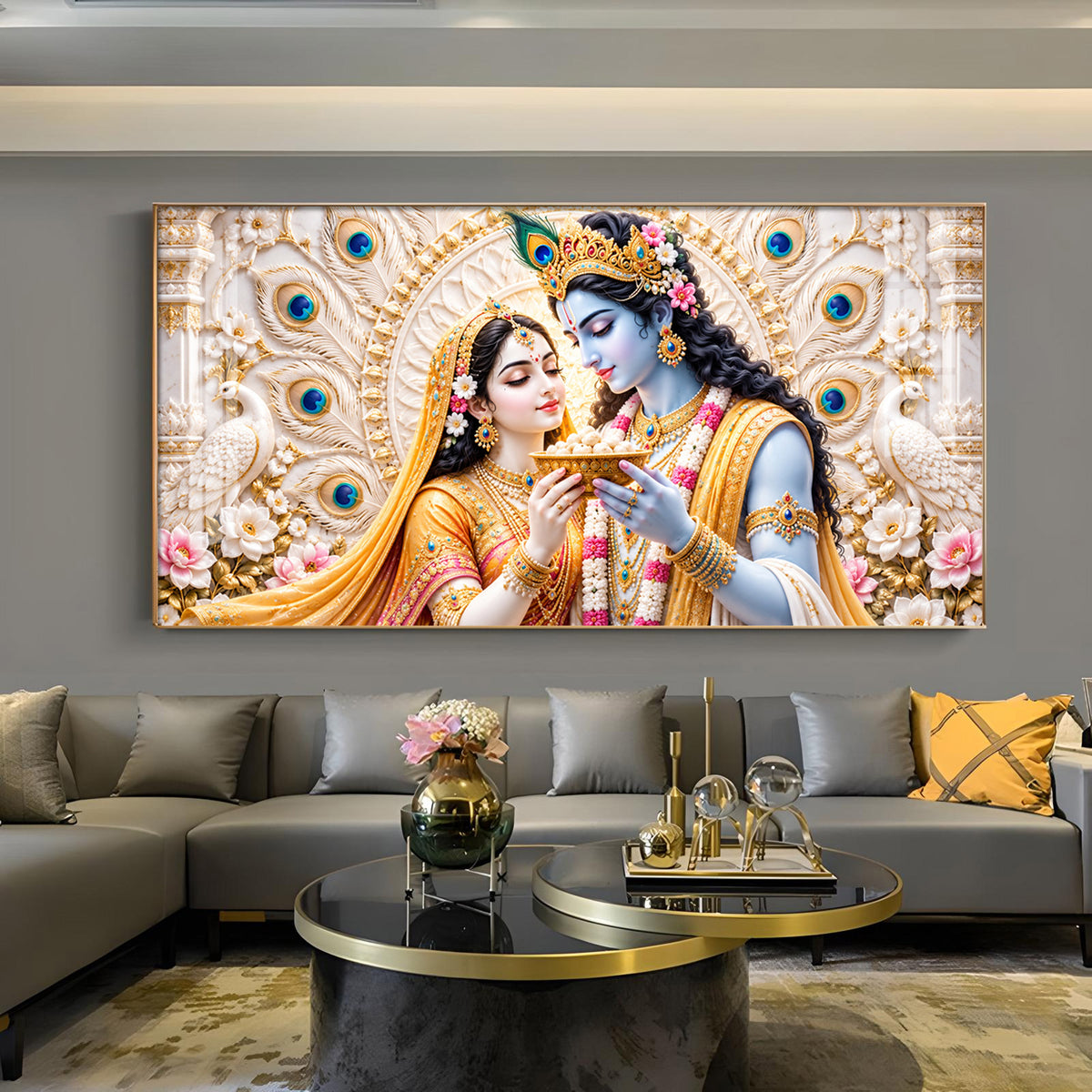 Radha Krishna Peacock Feather Glass Finish Horizontal Wall Art