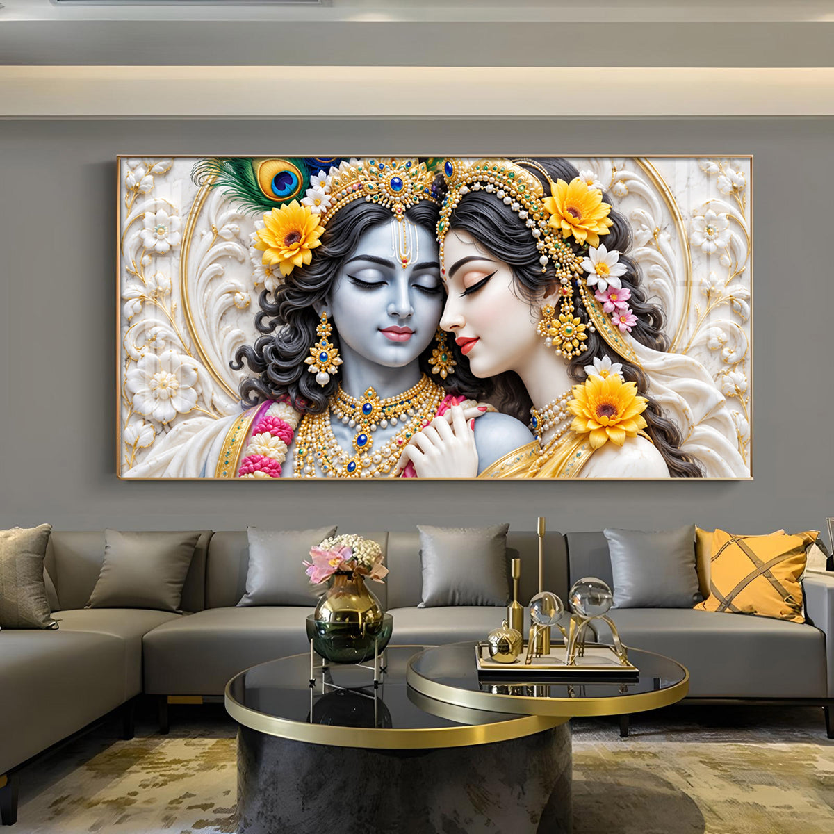 Divine Radha Krishna Glass Finish Horizontal Wall Art